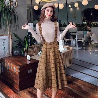 Set: Turtleneck Long-sleeve Knit Top + Plaid Midi A-line Suspender Skirt