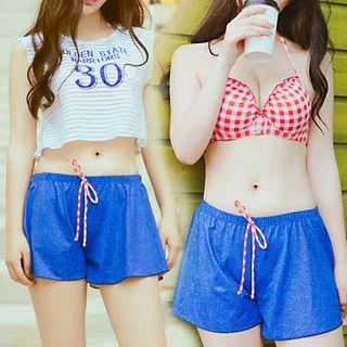 Set: Gingham Bikini + Lettering Tank Top + Drawstring Swim Shorts