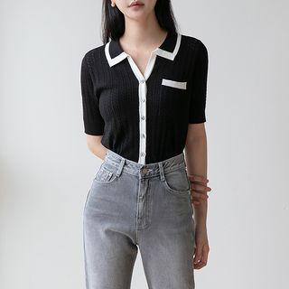 Collared Piped Pointelle-knit Cardigan