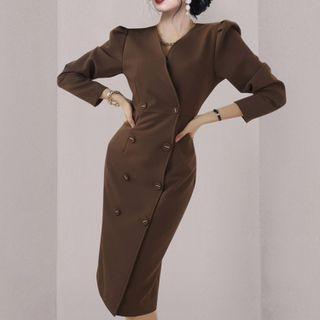 Long-sleeve Double Breasted Midi Sheath Dress