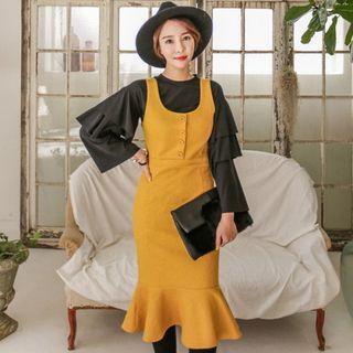 Button-detail Ruffle-hem Dress