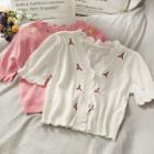 Embroidered Button-up Crop Knit Top