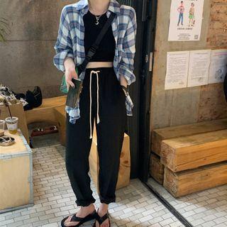 Halter Top / Plaid Shirt / Straight Fit Pants