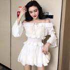 Set: Off-shoulder 3/4-sleeve Top + Mini A-line Skirt White - One Size