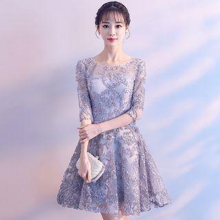 3/4-sleeve Mesh Mini A-line Cocktail Dress
