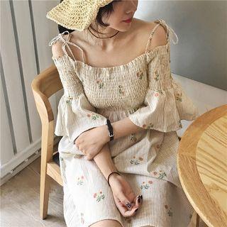 Cutout Shoulder 3/4 Sleeve Floral Print Dress