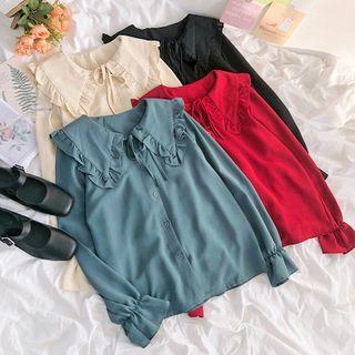 Long-sleeve Plain Ruffle Trim Collar Blouse