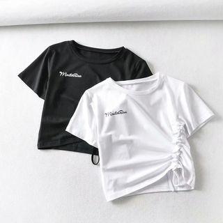 Short-sleeve Lettering Print Drawstring Cropped T-shirt
