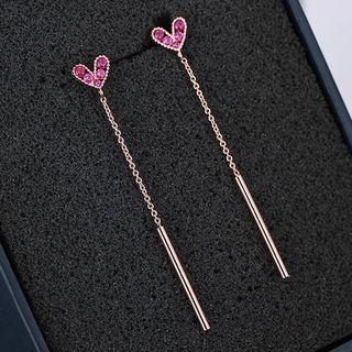 925 Sterling Silver Rhinestone Heart & Bar Dangle Earring Silver - One Size