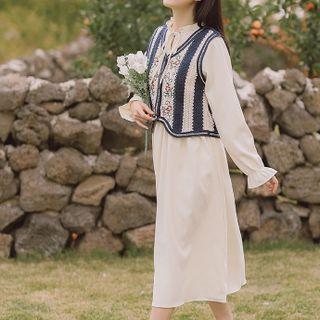 Set: Long-sleeve Frill Trim Midi A-line Dress + Floral Embroidered Sweater Vest