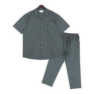 Plus Size Set: Linen Blend Printed-back Shirt + Pants