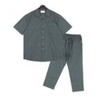 Plus Size Set: Linen Blend Printed-back Shirt + Pants