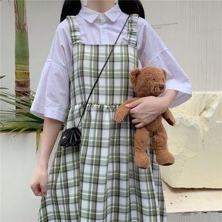 Plaid Midi Overall Dress / Short-sleeve Shirt / T-shirt