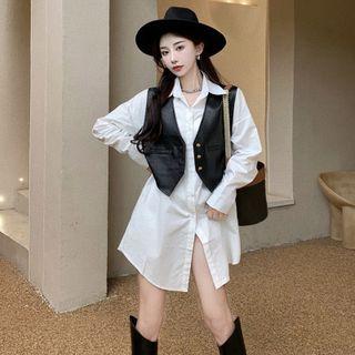 Plain Long- Sleeve Shirtdress / Faux-leather Vest