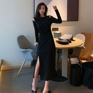 Long-sleeve Cold-shoulder Midi A-line Knit Dress