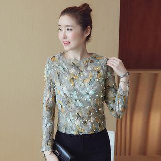Faux Pearl Long-sleeve Print Chiffon Top