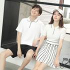 Couple Matching Striped Panel Short-sleeve Knit Polo Shirt Dress / Contrast Trim Short-sleeve Polo Shirt