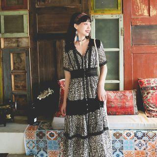 Short-sleeve Floral Print Lace Sundress