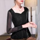 Square Neck Long-sleeve Glitter Top