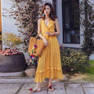 Halter Ruffled A-line Midi Dress