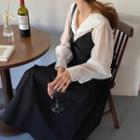 Long-sleeve Sailor Collar Blouse / Spaghetti Strap Midi A-line Dress