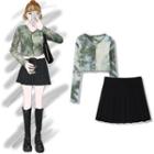 Long-sleeve Tie-dyed Top / Pleated Mini A-line Skirt