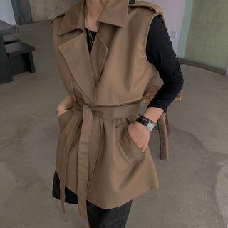 Long-sleeve Plain Top / Tie-waist Vest