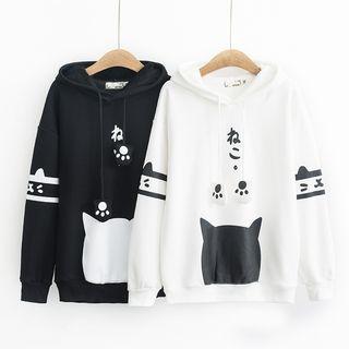 Contrast-color Cat-print Hoodie