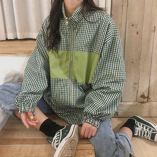 Checked Color Block Zip Jacket