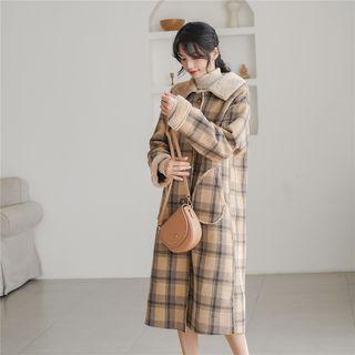 Plaid Woolen Medium Maxi Jacket Coffee - One Size