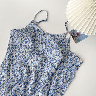 Spaghetti Strap Flower Print Midi A-line Dress Blue - One Size