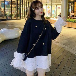 Mesh Panel Star Print Long-sleeve T-shirt