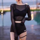 Set: Strappy Bikini Top + Bottom + Cover-up Top