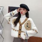 V-neck Embroider Single Breasted Cardigan White Bear - One Size