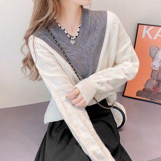 Long-sleeve V-neck Color Contrast Knit Top