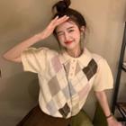Puff-sleeve Argyle Knit Polo Shirt Beige & Yellow - One Size