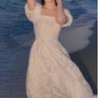 Puff Sleeve Square Neck Embroidered A-line Dress / Spaghetti Strap Beaded Embroidered A-line Dress