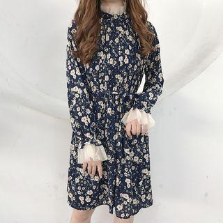 Mesh Panel Printed Long-sleeve Dress