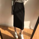Straight-fit Rib Knit Midi Skirt Black - One Size
