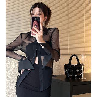 Plain Tube Top / Sheer Mesh Shirt / High-waist Maxi Skirt