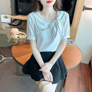 Short-sleeve Collar Ribbon Chiffon Top