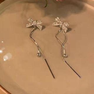Rhinestone Bow Drop Earring C1-2-8 - 1 Pair - Silver - One Size