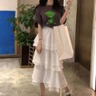 Elbow-sleeve Frog Print T-shirt / Tiered Midi A-line Skirt