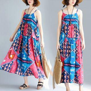 Printed Strappy A-line Midi Dress Pink & Blue - One Size