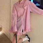 Long-sleeve Gingham Mini Shirtdress Gingham - Pink - One Size