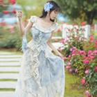 Set: Sleeveless Lace Trim Floral Blouse + Midi A-line Skirt