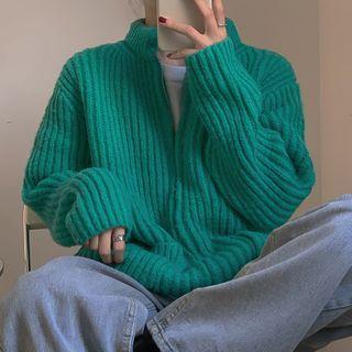 Plain Round-neck Long-sleeve Knit Zip Up Jacket