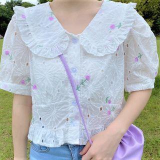 Flower Embroidered Eyelet Lace Shotr-sleeve Blouse