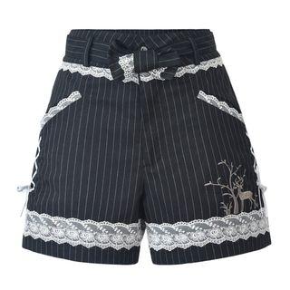 Embroidered Lace Trim Striped Shorts