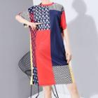 Short-sleeve Pattern Panel A-line Dress Red & Blue - One Size